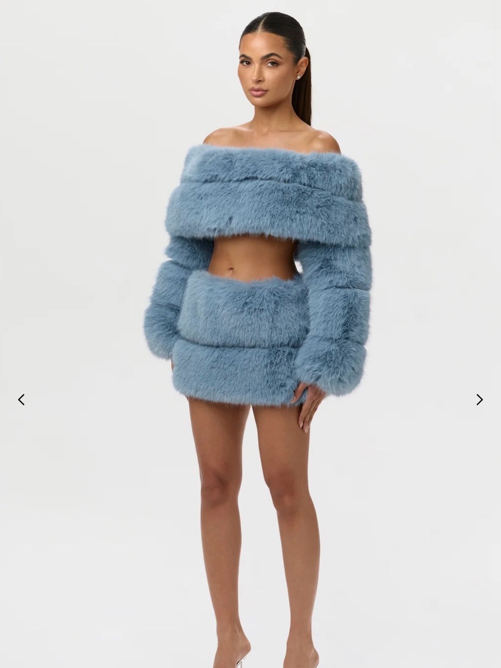 Naked Wardrobe Blue Faux Fur Crop Top & Mini Skirt Set NWT